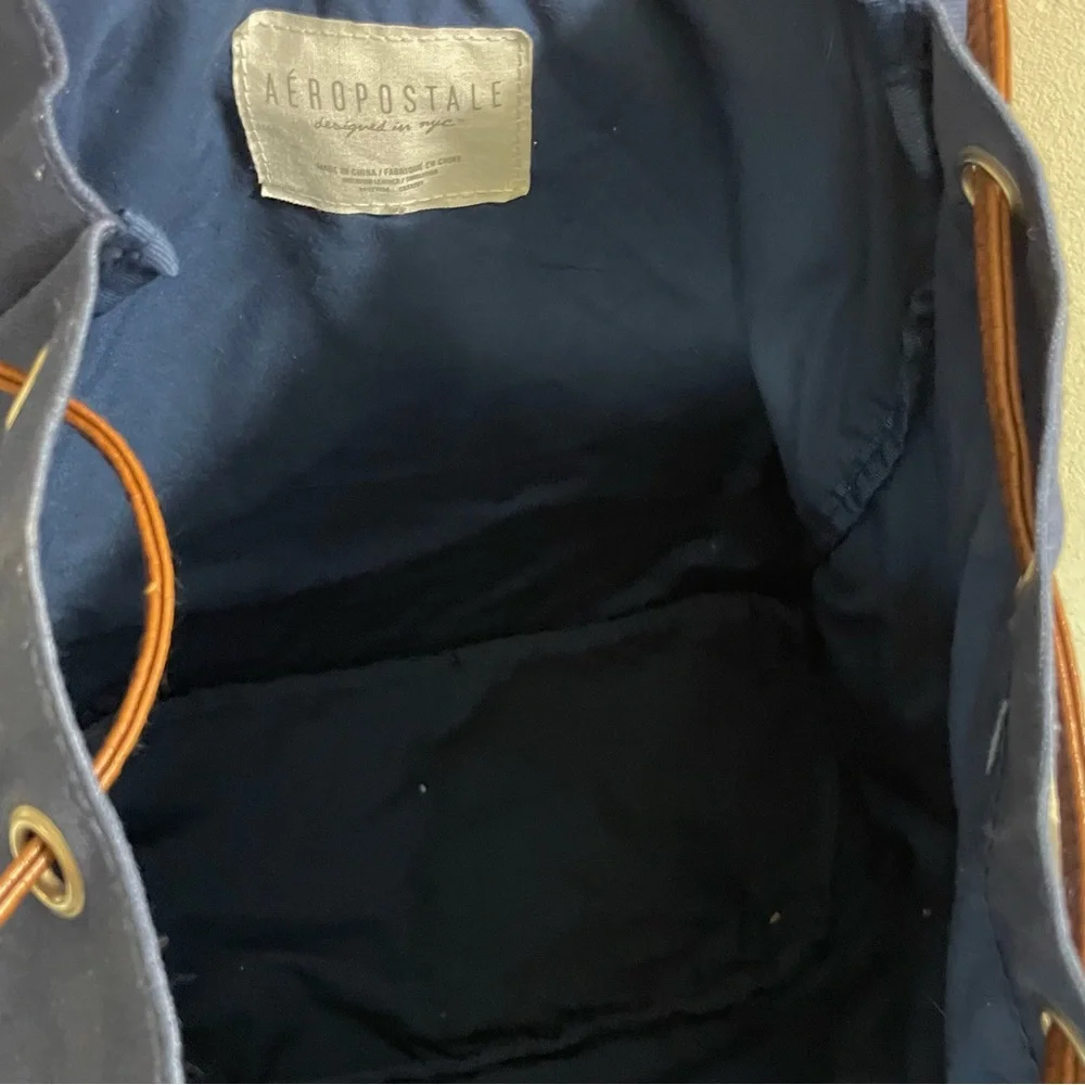 VINTAGE Y2k Navy Blue AEROPOSTALE 87 Varsity CANVAS Backpack BOOK BAG Drawstring - Picture 5 of 5